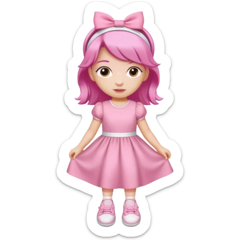 A girl wear a a pink pink dress and pink wacth and a pink hairband and a white shoes sticker