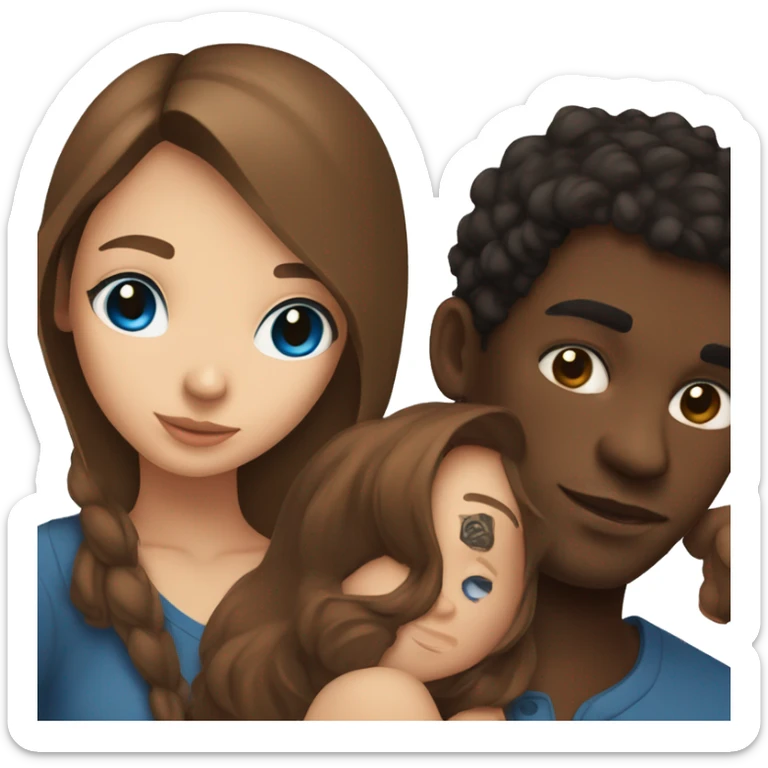 Beautiful Girl with blue eyes and long brown hair and boy with brown hair cuddling, black man with tattoos  sticker