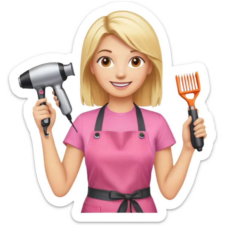 smiling blonde woman hairstylist wearing pink t-shirt and orange apron, hands raised, holding scissors and hairdryer sticker