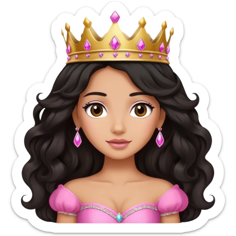 Very tanned princess, with long black wavy hair and crown and an pink princess outfit sticker
