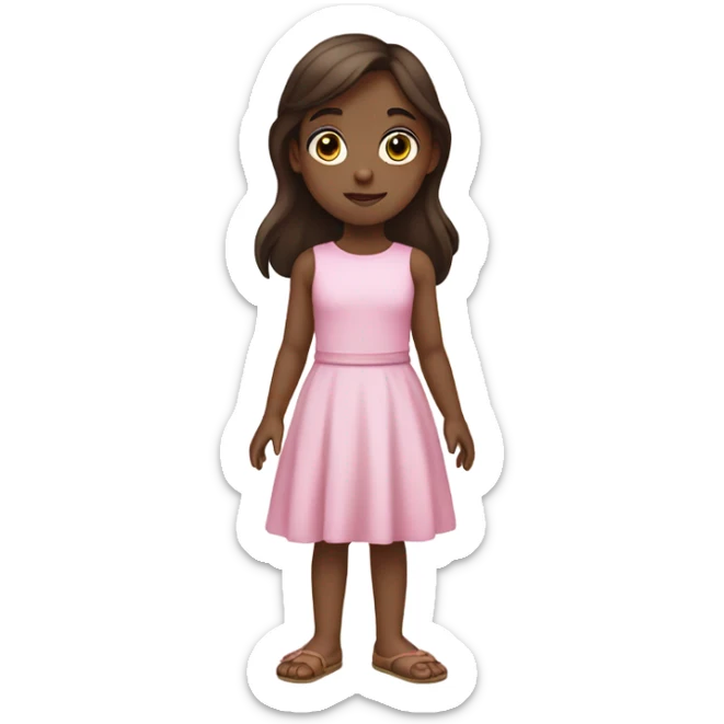 Little Girl with White skin, black eyes. Long brown hair with. She is wearing a pink and White dress, standing and holding  sticker