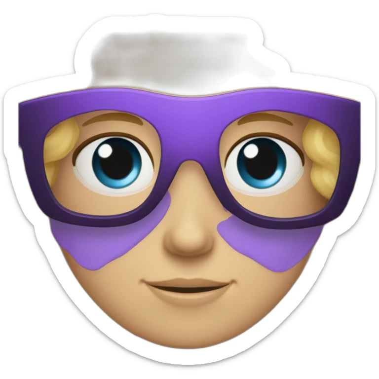 caucasian curly blonde long haired blue eyes woman purple t-shirt black glasses sticker