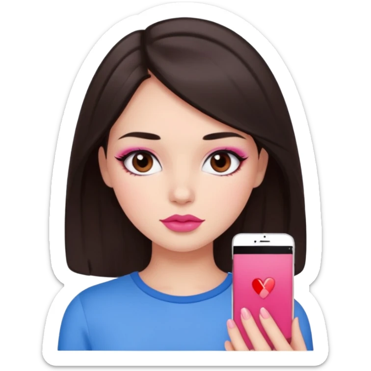 Dark brown haired girl with black eyes and lips between the shades of pink and red. A cute and clean makeup along with a blue top  sticker