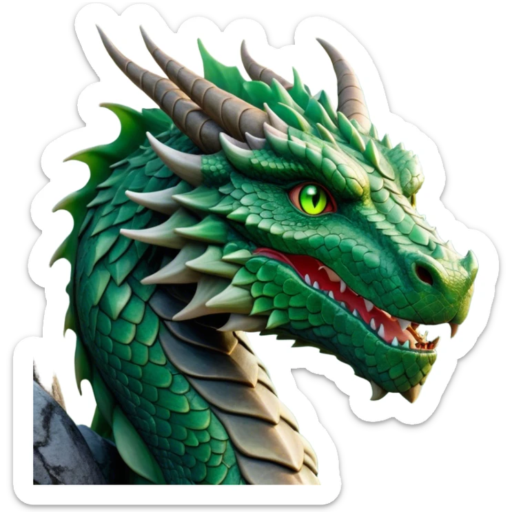 Cinematic Noble Giant Green scaled Dragon Portrait Emoji, Poised and awe-inspiring, with a massive, rugged form carved from ancient stone, featuring intricately textured scales that resemble weathered granite and basalt, and piercing, stony eyes echoing the strength of timeless mountains; rendered with lifelike detail and earthy natural highlights, high shine, formidable and grounded, styled with an aura of primordial majesty, focused and resolute, soft glowing outline, capturing the essence of an enduring rock titan ready to surge from the screen with ageless power! sticker
