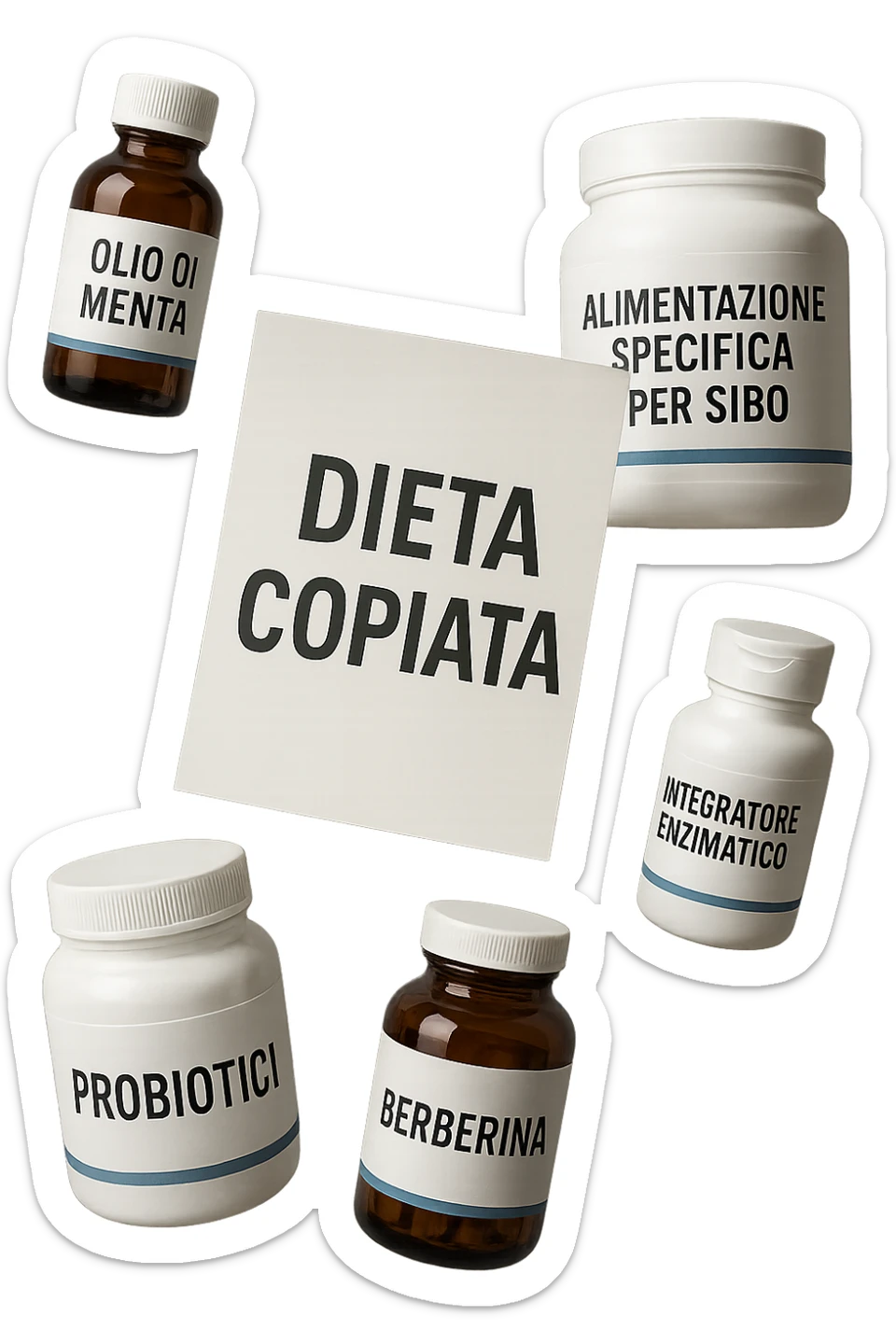 FOGLIO DI CARTA FLUTTUA IN ARIA CON LA SCRITTA "DIETA COPIATA", INSIEME A BARATTOLI DI INTEGRATORI PER CURARE IL SIBO IN ITALIANO, IPERREALISTICO 4K, NON DISEGNATO sticker