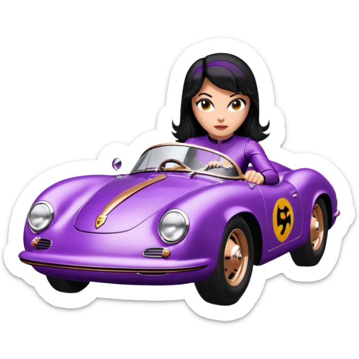 Adult BatGirl driving her satin-black and rose gold 1955 Porsche 550 Spyder too fast in the country, despite the rainy conditions making the tires slippery, sliding sideways with her black hair fluttering in the wind (purple shiny latex catsuit, black car)  sticker