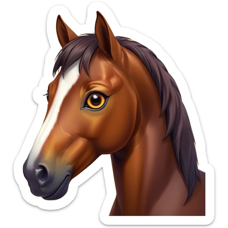 Cinematic Cute Bay Horse Portrait Emoji, Head tilted playfully and inquisitively, showcasing a glossy bay fur with a vibrant sheen and expressive amber eyes filled with curiosity, Simplified yet irresistibly adorable features, highly detailed, glowing with a warm, friendly glow, high shine, affectionate and spirited, stylized with a touch of whimsy, bright and endearing, soft glowing outline, capturing the essence of a mischievous yet loving horse, so playful it feels like it could prance out of the screen and into your arms! sticker