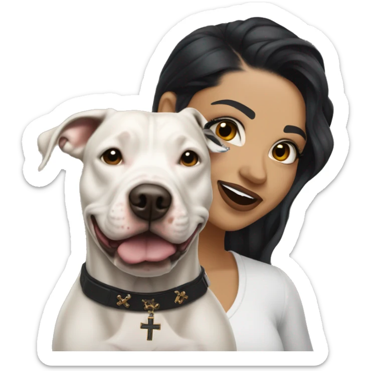 light skin woman with a face tattoo of a small cross near her eye and long wavy black hair expressing joy alongide a white and brown pitbull sticker