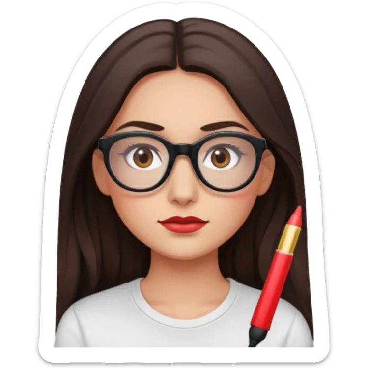A brunette woman, long hair and long eye lashes,small nose, red blushe and highlighter, black glasses,brown eyes, white tshirt sticker