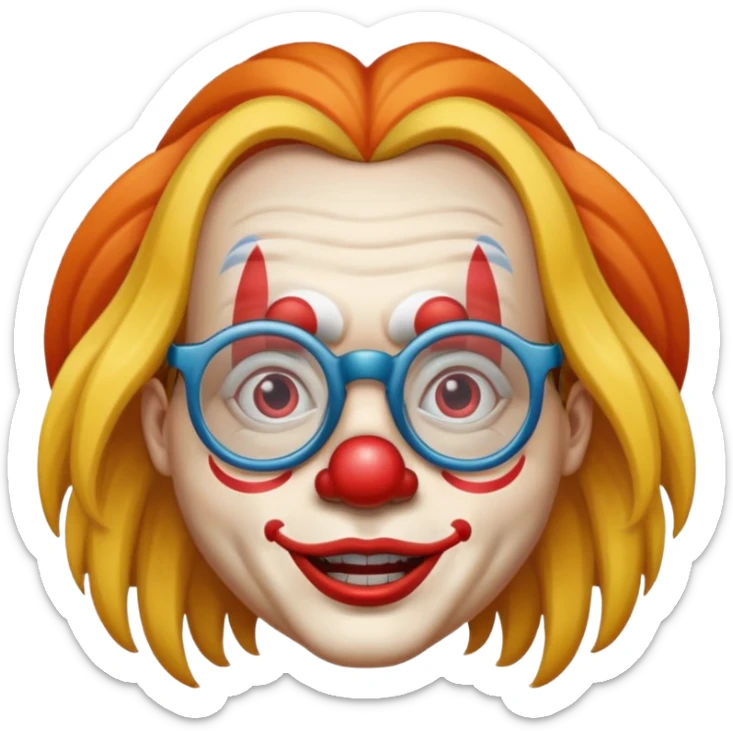Funny clown wearing spectacles and having long hair like girls in face farming layers sticker