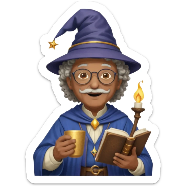 A Joyful Elderly Male with Brown skin and Curly hair, wearing a Traditional outfit, a Wizard hat, Sunglasses, carrying a Spellbook, working as a farmer, while drinking Coffee and reading a Textbook. sticker