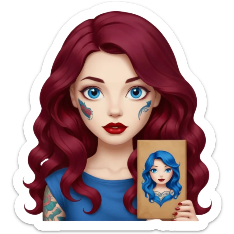  Female long wavy dark burgundy hair, blue eyes, large red lips, tattooed, artist with a canvas sticker