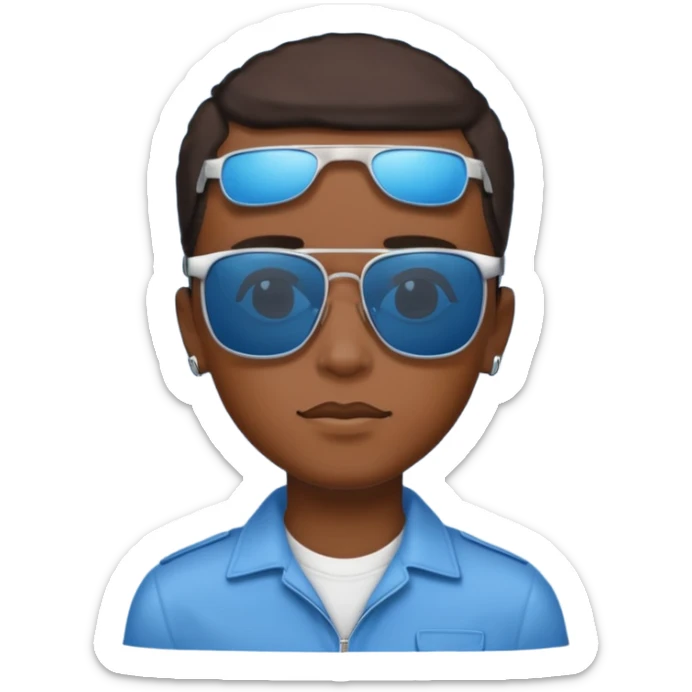 Un garçon noir avec des lunettes de soleil un peu bleu avec un cadran plutôt carré et SANS QU’ON VOIT SES YEUX. Et au dessus de sa tête il y a écrit BOUSS sticker