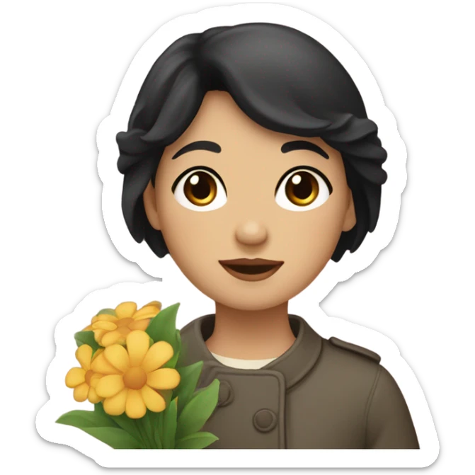 A girl with very short black hair, fair skin, and brown eyes wearing a coat and waving flowers sticker