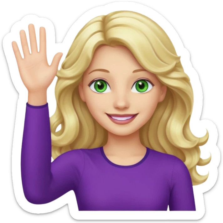 lady with long wavy blonde hair, purple top, green eyes, waving hello sticker