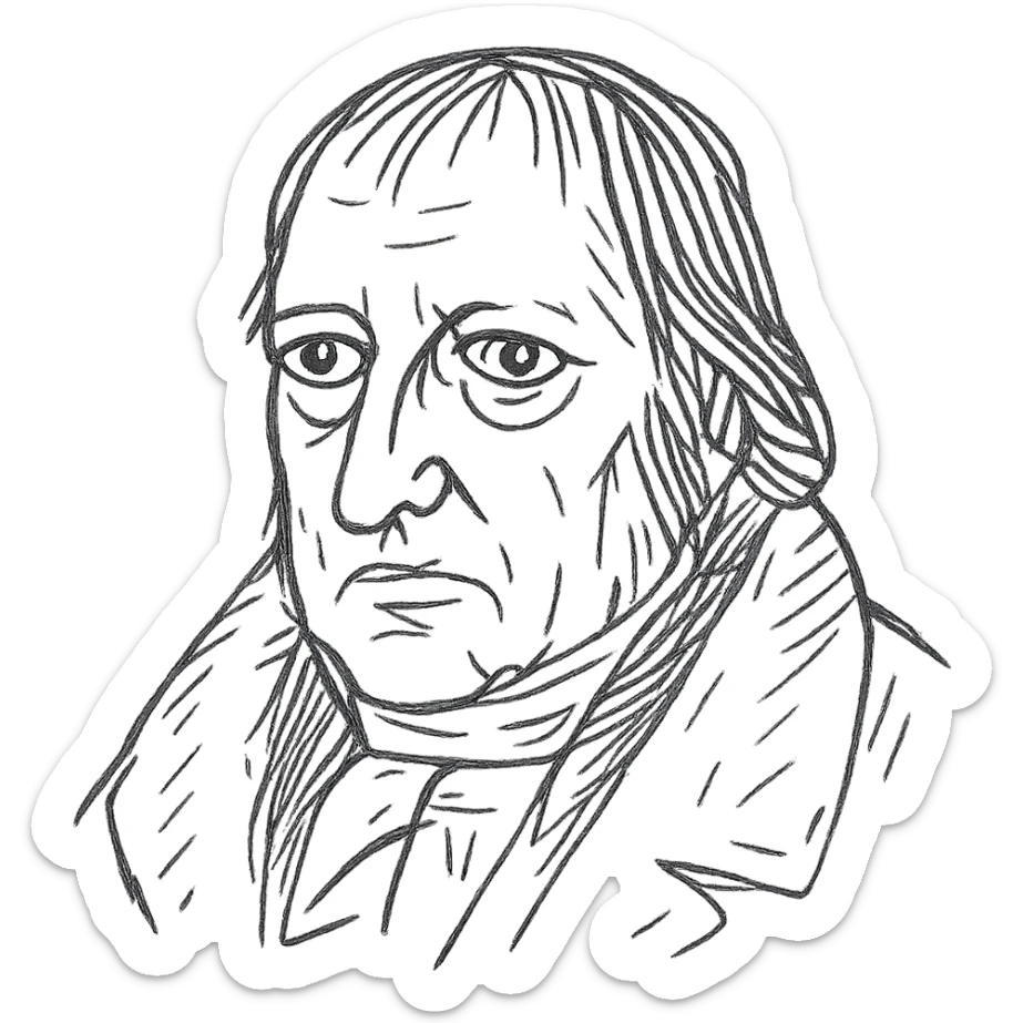 a hand drawn black outline portrait of philosopher Hegel with similar-sized eyes based a famous portrait of him sticker