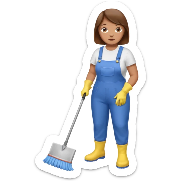 old and fat women, brown hair, Custodian with yellow rubber gloves, white T-shirt, blue overalls, mopping floor sticker