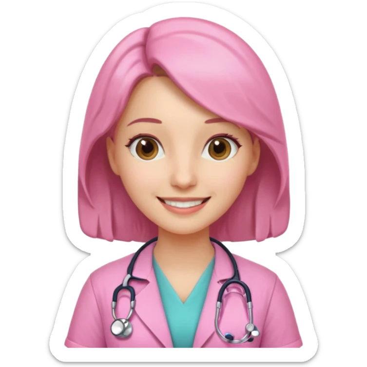 female doctor wearing pink medical outfit with stethoscope, realistic face sticker