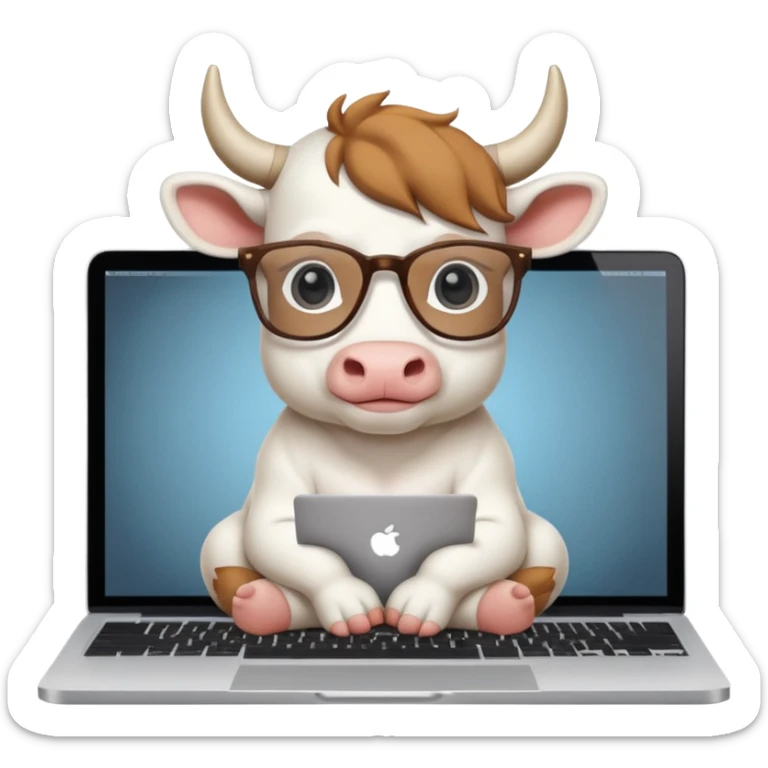 baby white bull in fancy glasses sitting in front of a macbook, working  sticker