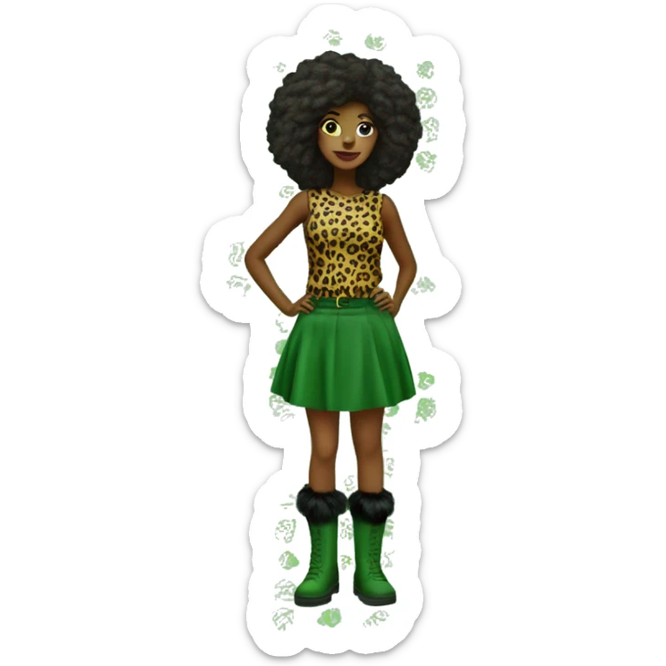 Green girl with panter print top on, panterprint skirt and panterprint fur boots sticker