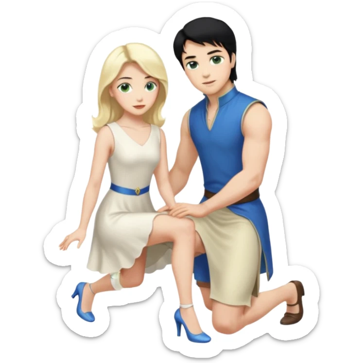 prince, upright, black Hair, blue eyes, Woman, blonde Hair, Green eyes, bending knee, sleveless White Dress, sticker