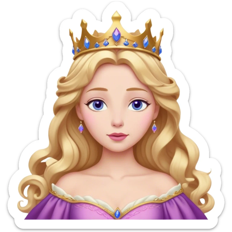 Cinematic Realistic Sleeping Beauty (Aurora) Portrait, with porcelain-like skin featuring a natural rosy flush, illuminated by soft lighting that highlights the gentle contours of her face. Her golden blonde hair flows in soft, detailed waves with subtle highlights that shimmer in the light. Her deep violet-blue eyes radiate warmth and innocence, framed by arched brows and long lashes. Her serene expression exudes quiet elegance. She is dressed in her classic pink gown, the fabric rich in texture with delicate folds that catch the light. A golden crown rests atop her head, gleaming with royal refinement. The portrait captures a soft, glowing aura, blending realism with an ethereal sense of beauty and timeless enchantment. sticker