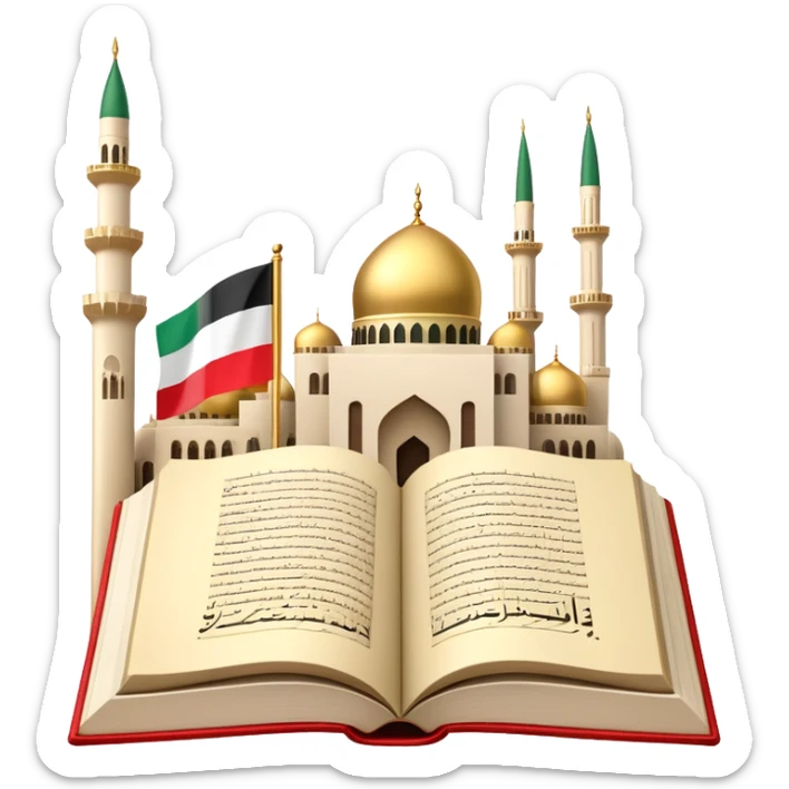 An icon featuring the mosque and the big flag of United Arab Emirates, symbolizing the Arabic language. The design includes an open book with Arabic script and calligraphy, representing language learning and cultural heritage. Transparent background sticker
