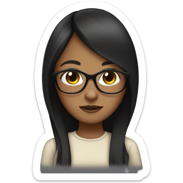 A girl with black long straight hair,brown eyes with white glasses,dark skin sticker