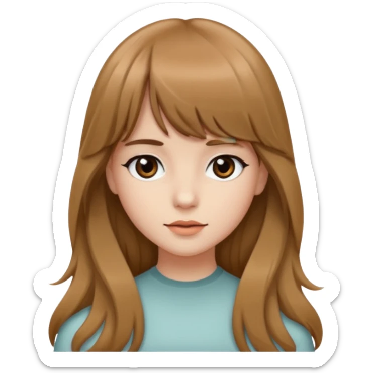 Uma garota de cabelo ondulado marrom,mas com franja lisa e olhos pretos, e a cor de pele branca,e o cabelo LONGO  sticker