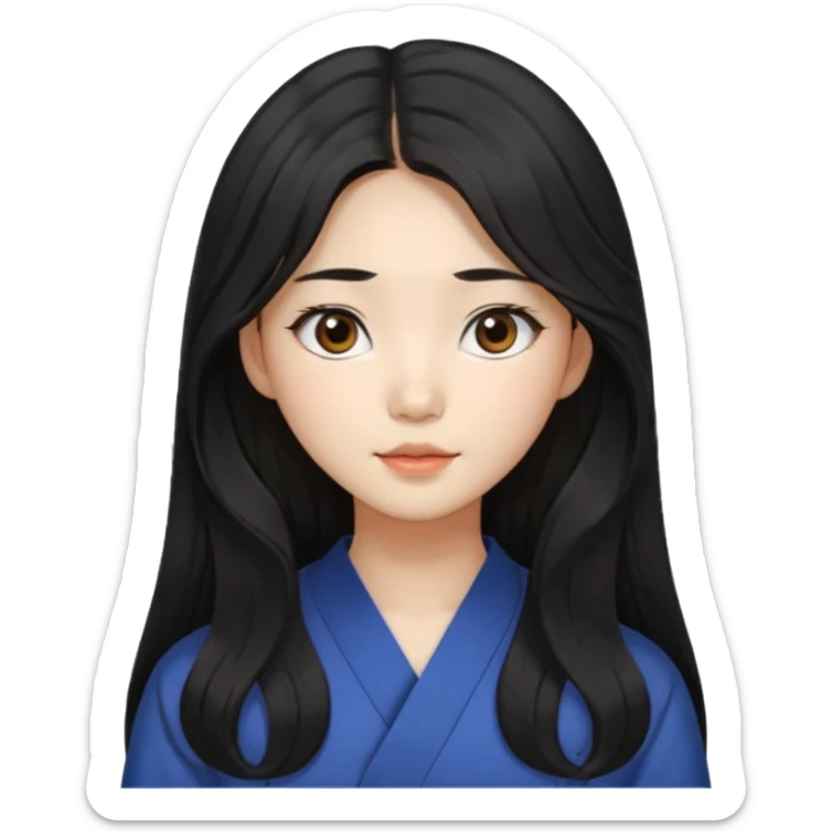 Korean girl with long black hair that is slightly wavy, with a middle part and face framing hairstyle. Asian eyes, brown colored eyes sticker