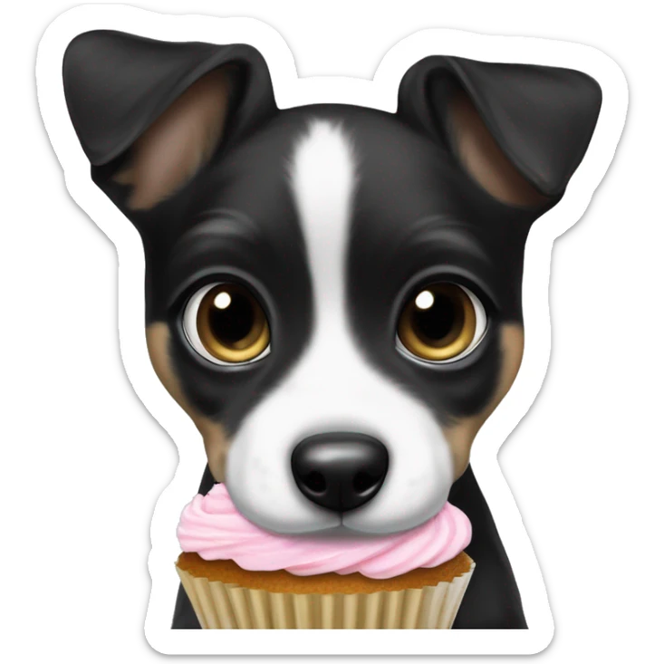 Cute big eyed Black and white girl teddy Roosevelt terrier puppy runt (no brown) eating a cupcake sticker