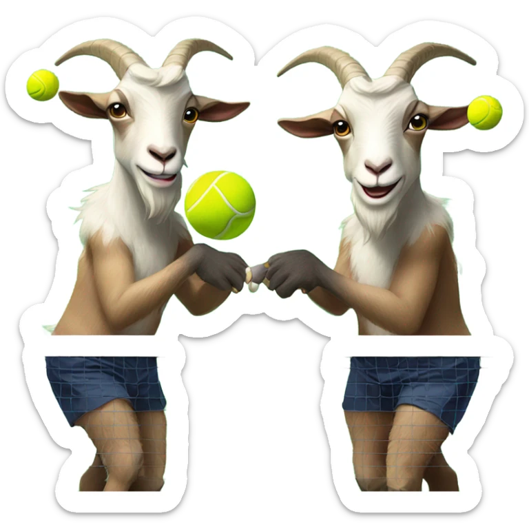 Two bearded goats playing tennis in shorts and no shirt sticker
