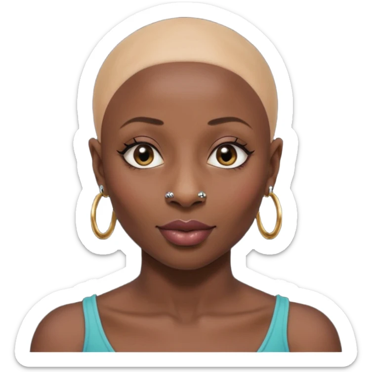 Grown black (proud) woman, bald with a perfect head, a prominent nose with a septum piercing, many piercings on her ears, a gap between her front teeth and very long nails (cynthia erivo) sticker