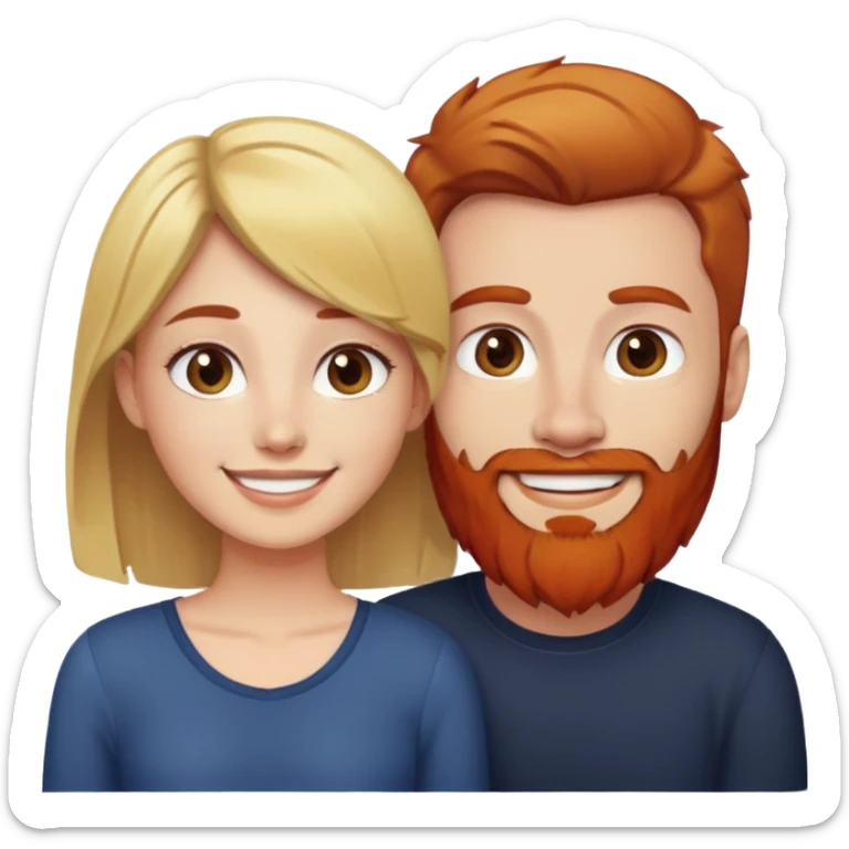 Girl with short brown hair smiling next to man with blonde hair and red beard. sticker