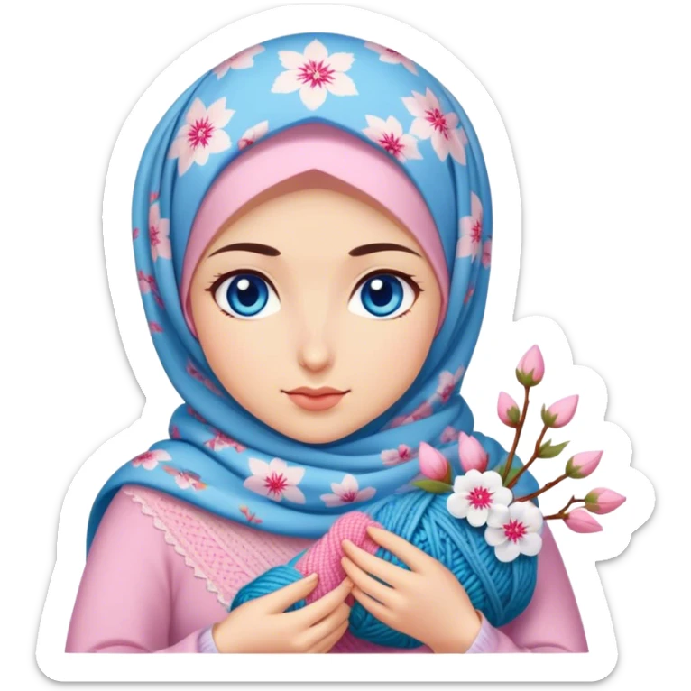 Turkish beautiful finish Konya girl blue eyes with floral hijab does knitting sakura  sticker