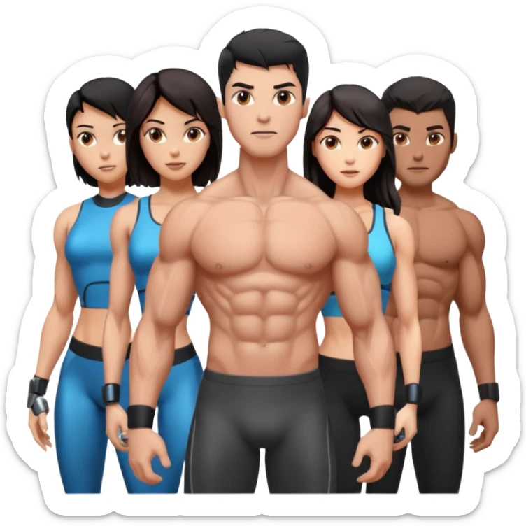 five muscular people, a mix of men and women, each with cybernetic enhancements sticker