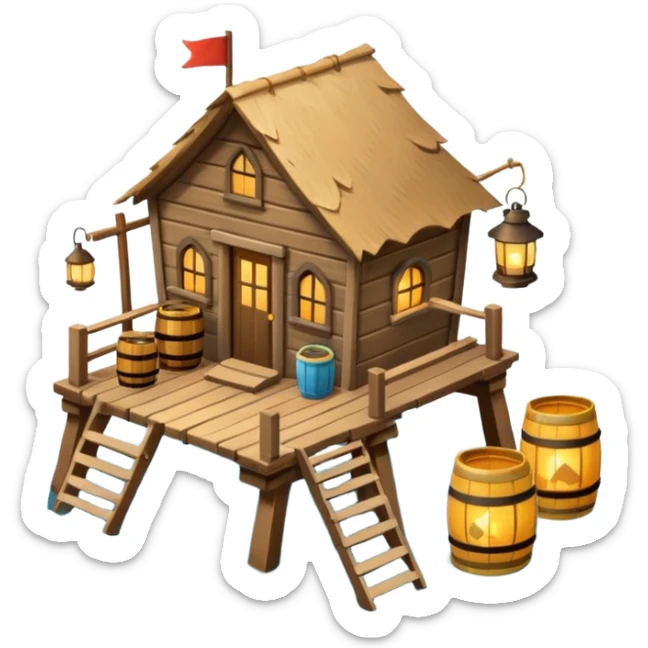 
fisherman house on a wooden pier, small dock, fishing nets hanging, barrels, lantern, ocean vibe, 3D cartoon, cute mobile game icon, clean background, no text
 sticker