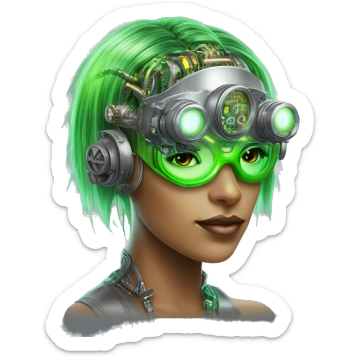 Neon green bobbed hair Latina female cyborg head with silver steampunk goggles and circuits sticker