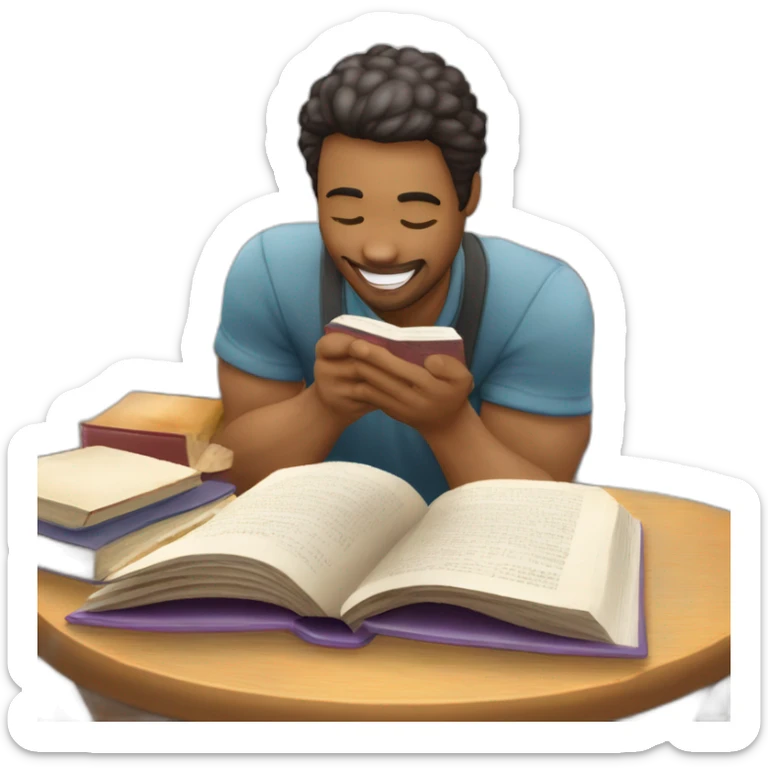 imagen estilizada de un estudiante riendose y saltand sacando fotocopias con un libro en sus manos sticker