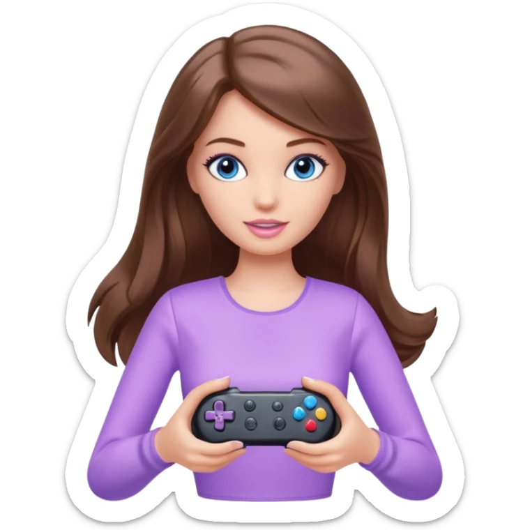beautiful barbie girl with long brown hair, blue eyes and wearing light purple clothes playing console games with controller sticker
