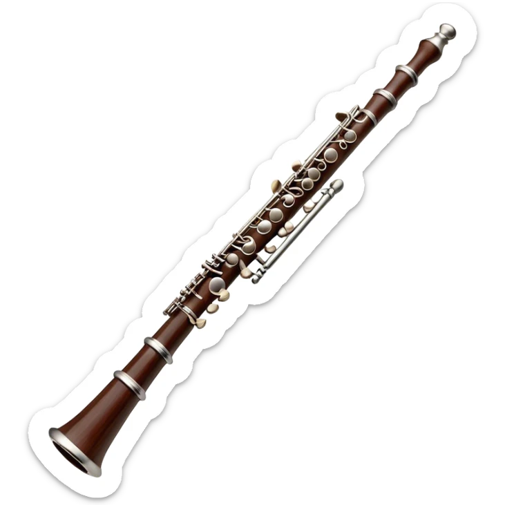 Cinematic Realistic Oboe, slender and elegant dark wood body, silver-plated keys catching soft highlights, delicate reed resting at the top, glowing with refined and classical beauty. sticker