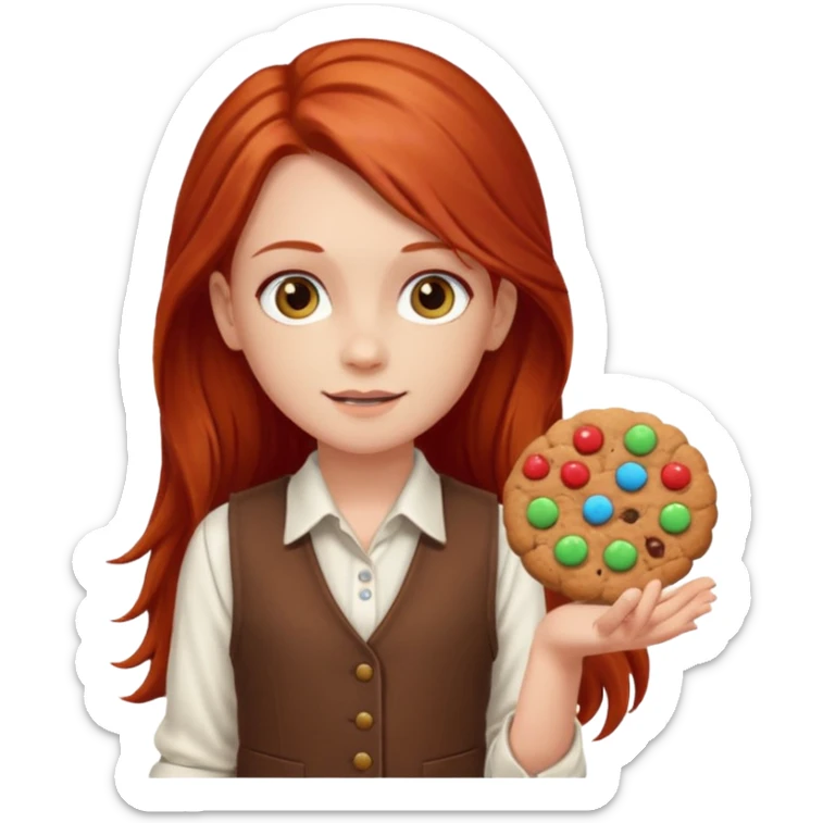 white girl scout with red long hair selling cookies with a brown vest and white shirt under vest. She should be around 10 years old sticker