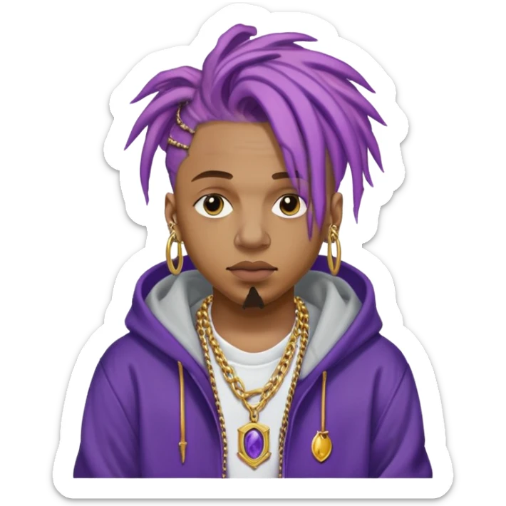 Juice WRLD with purple dreadlocks, 999 tattoo, gold chain, and hoodie sticker