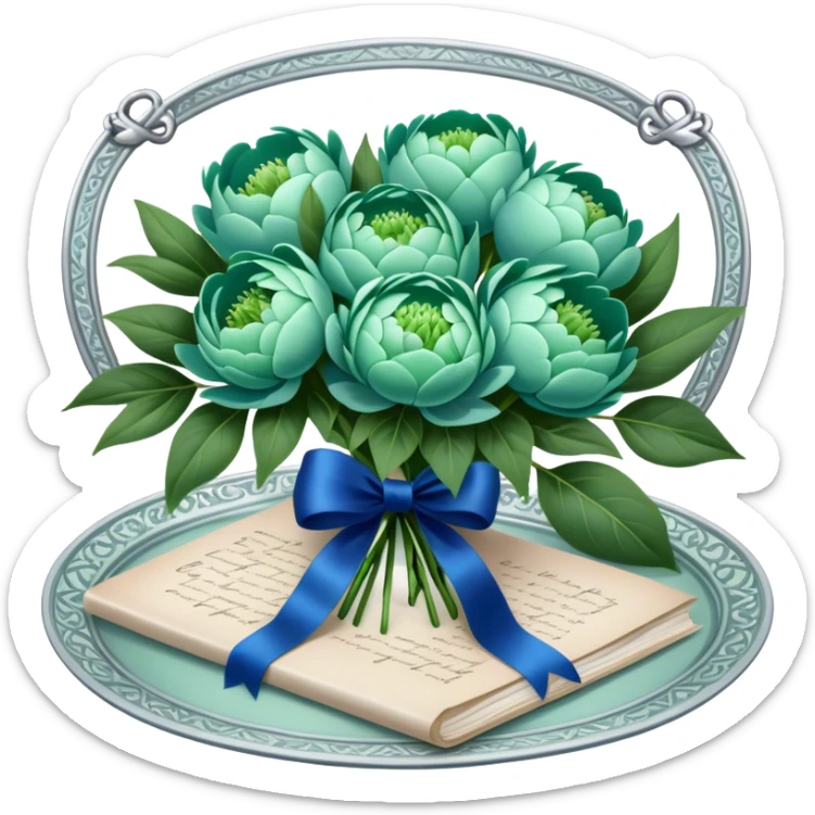 A beautifully ornate silver tray holding a bouquet of soft green peonies and a love letter tied with a deep blue ribbon. sticker