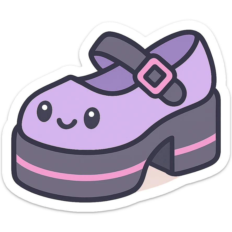 Make the shoes pastel purple with black and pink accents, kawaii style, no socks, no hearts, transparent background sticker