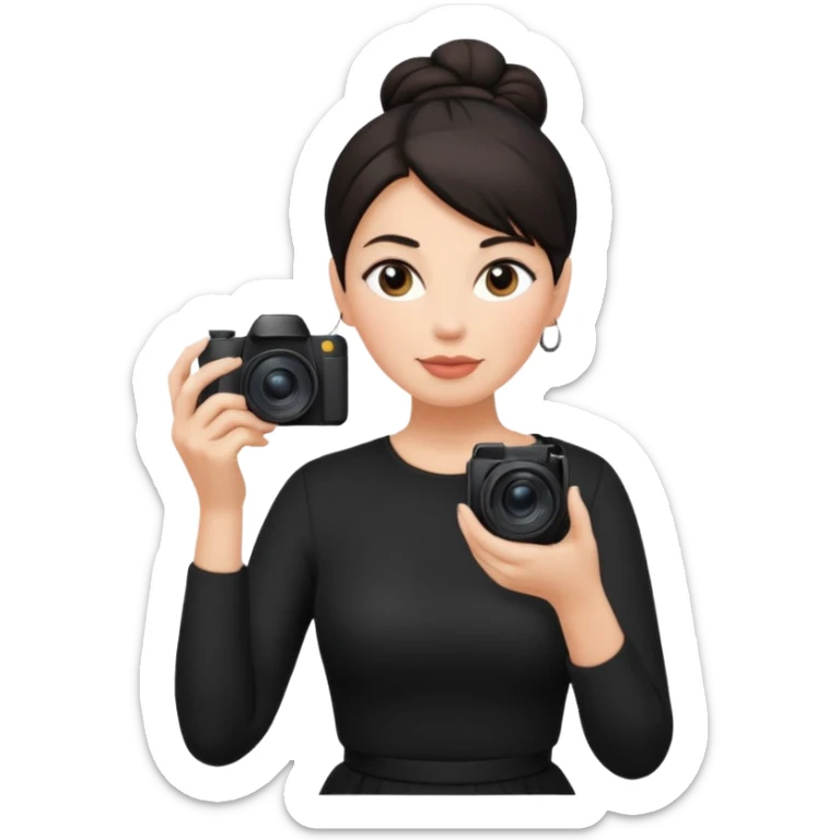 middle aged woman photographer with dark hair in a bun, wearing black clothes sticker