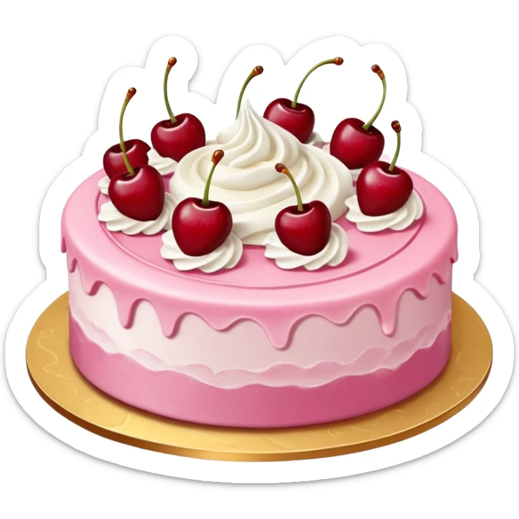 Round pink frosted cake with textured buttercream sides, placed on a gold cake board.
White whipped cream swirls on top, each topped with glossy red cherries with stems, clean studio lighting, isolated background, realistic minimal emoji-style. sticker