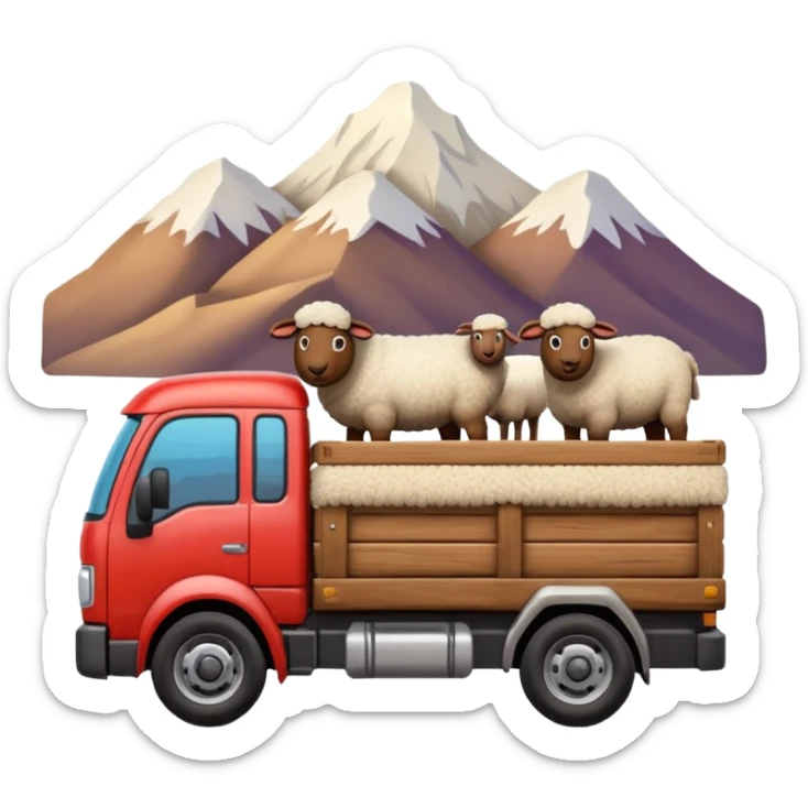 3D emoji of a Peruvian truck transporting sheep in the back, wooden cargo bed, Andes mountain landscape, dusty countryside road, glossy finish, bold outlines, vibrant natural colors, sticker design, transparent background sticker