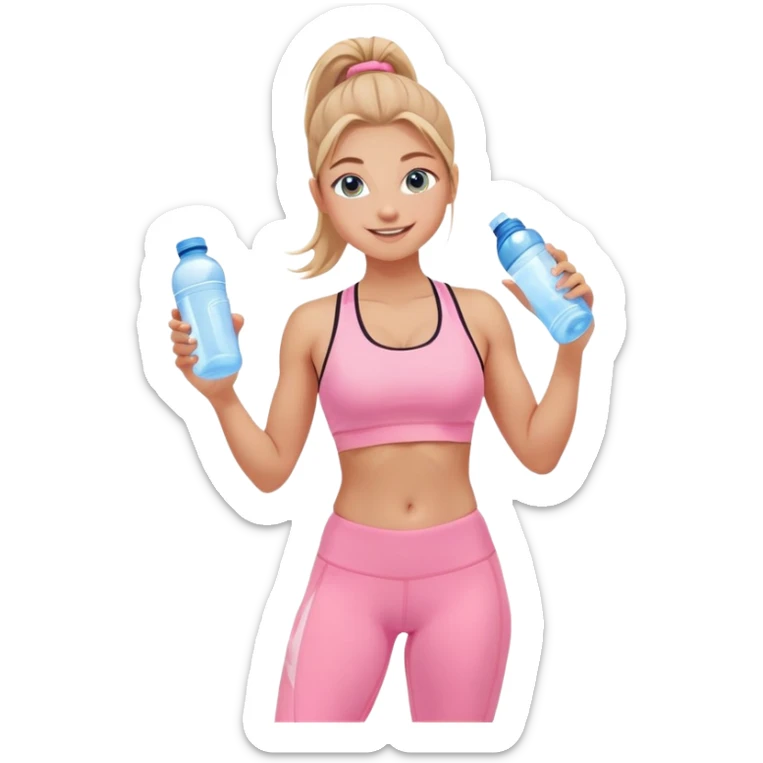 Fit wellness girl – sun-kissed skin, high ponytail, bright blueish eyes, baby pink sports-bra + leggings, holding water bottle, calm confident smile sticker