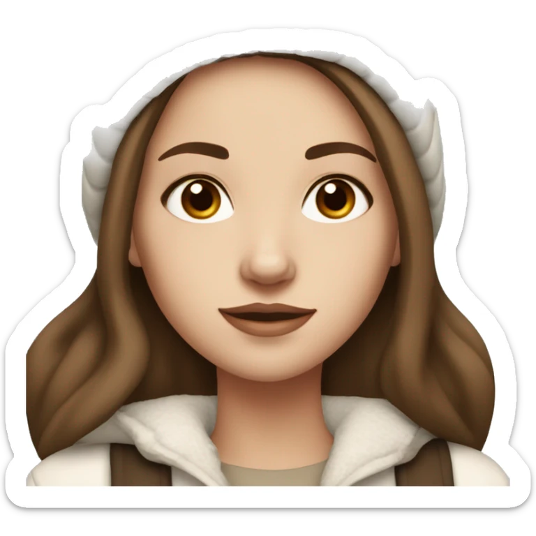 white girl with brown hair and dark brown eyes wearing a white and brown winter outfit sticker